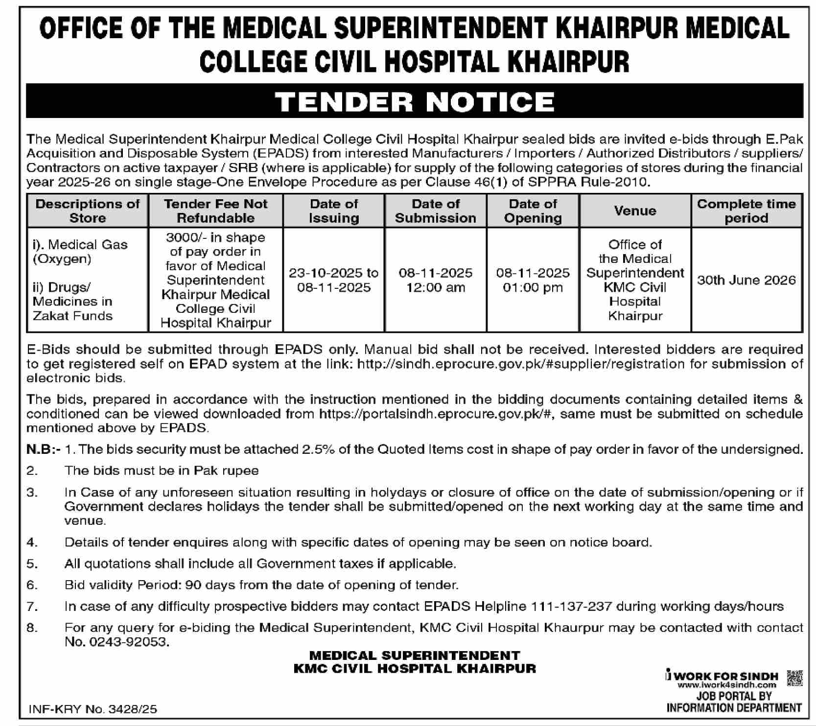 Khairpur Medical College Civil Hospital Khairpur Tender Notice